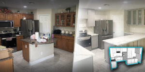 A side-by-side kitchen transformation showing a “before” image with dark wood cabinets and a “after” image with sleek gray cabinetry and white countertops. The bottom corner inclu