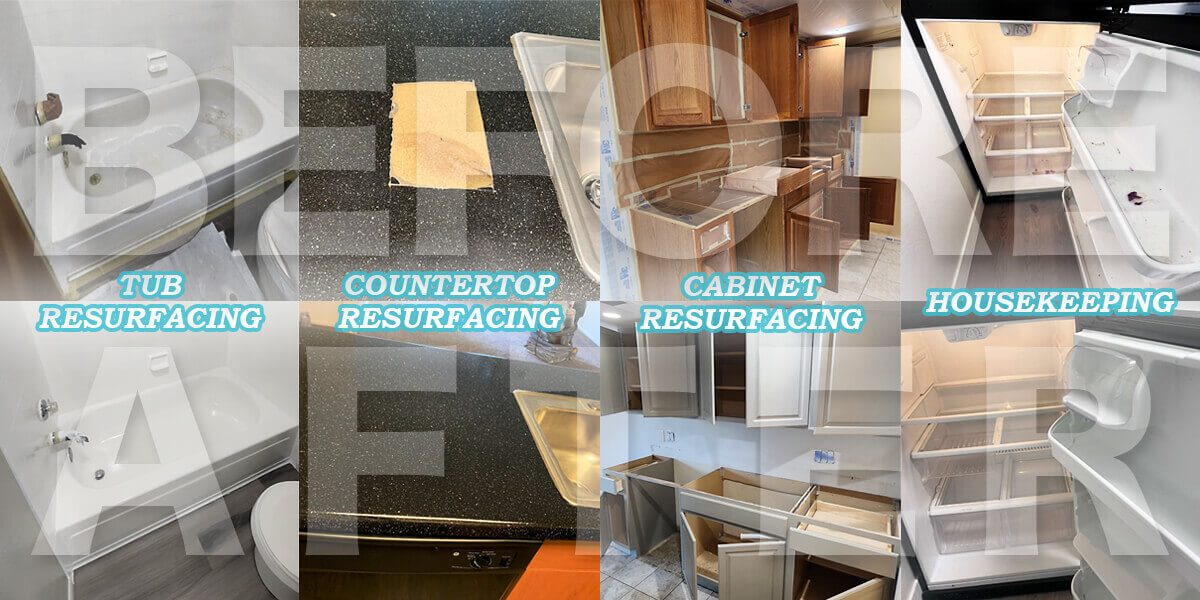 Before-and-after comparison images showing tub, countertop, and cabinet resurfacing, as well as appliance cleaning. The transformations demonstrate professional refinishing work with text labels identifying each service.
