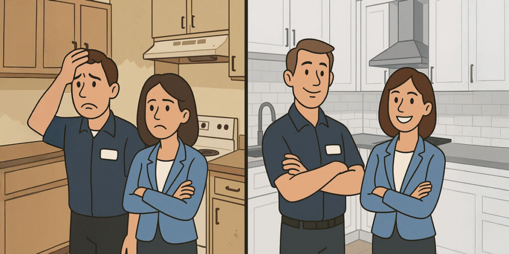 A cartoon shows two workers looking worried in a worn-out kitchen on the left and the same pair smiling confidently in a newly renovated kitchen on the right.