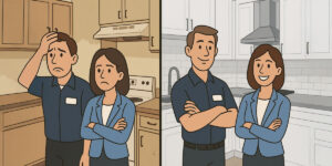 A cartoon shows two workers looking worried in a worn-out kitchen on the left and the same pair smiling confidently in a newly renovated kitchen on the right.