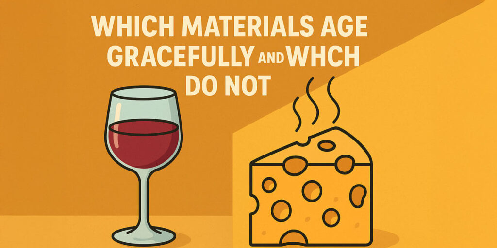 An illustrated graphic shows the text “Which materials age gracefully and which do not” alongside a wine glass and a wedge of cheese on a warm orange background.