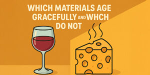 An illustrated graphic shows the text “Which materials age gracefully and which do not” alongside a wine glass and a wedge of cheese on a warm orange background.