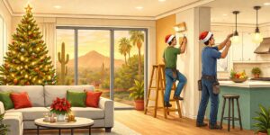 An illustration of two workers in festive hats doing renovations on a desert home