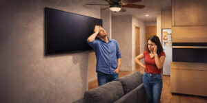 A frustrated couple stands in a modern apartment with a blank wall-mounted TV, appearing stressed by unresolved issues in their living space.