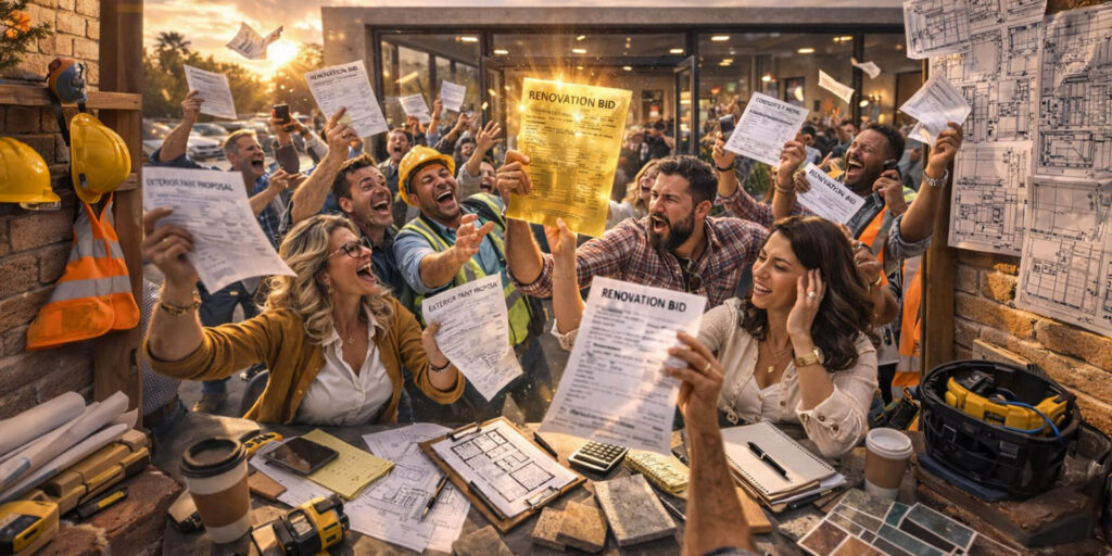 A jubilant group of contractors and clients celebrate outside a renovation office, cheering and holding up renovation bid documents as one person raises a glowing golden contract in triumph.