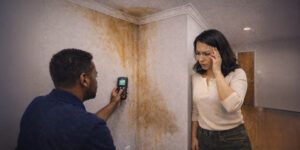 A technician uses a moisture meter on a stained interior wall while a concerned homeowner looks on, highlighting the aftermath of water damage and potential mold issues.