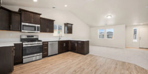 Clean, empty open-concept kitchen and living area with dark wood cabinets and stainless steel appliances.